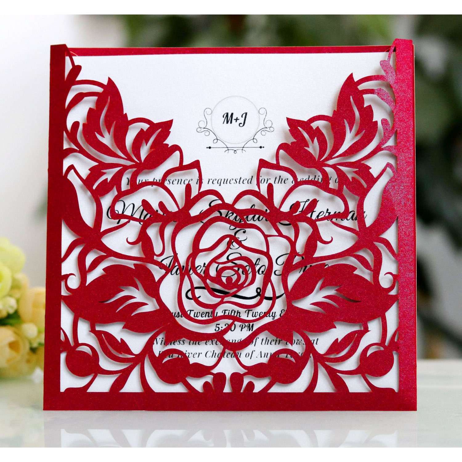 Red Rose Invitation Card Laser Cut Paper Valentine's Day Card